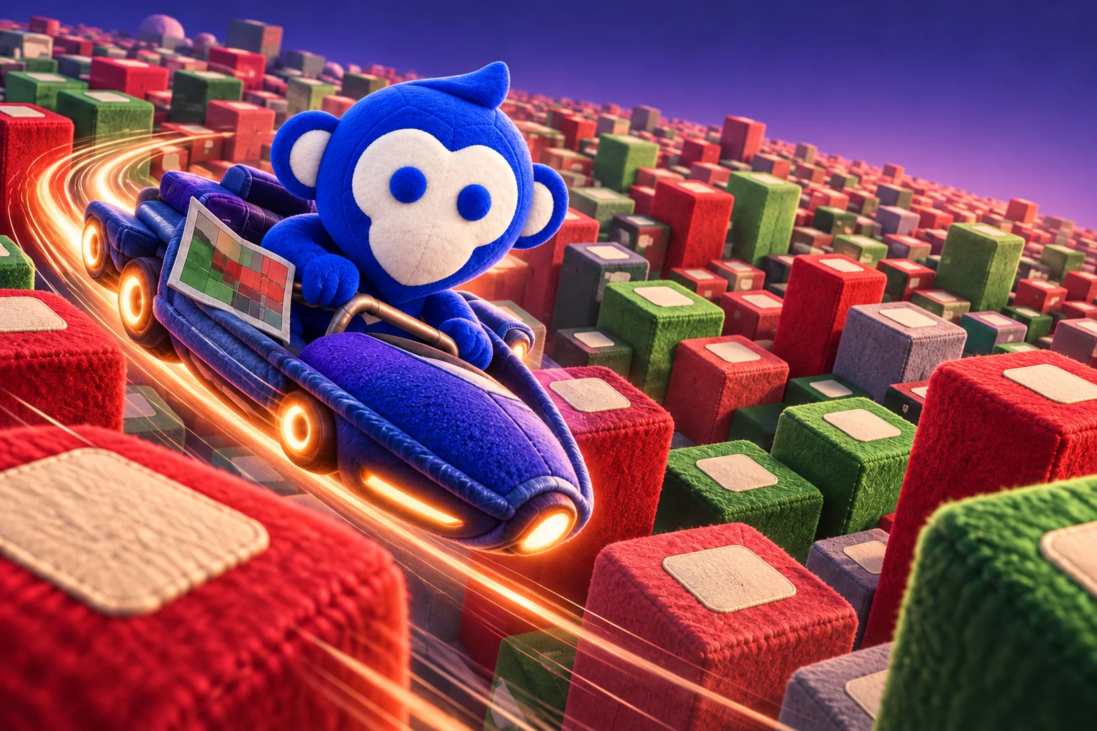 Ape Pin travelling in a plush market vehicle through a vast colourful landscape of stock blocks