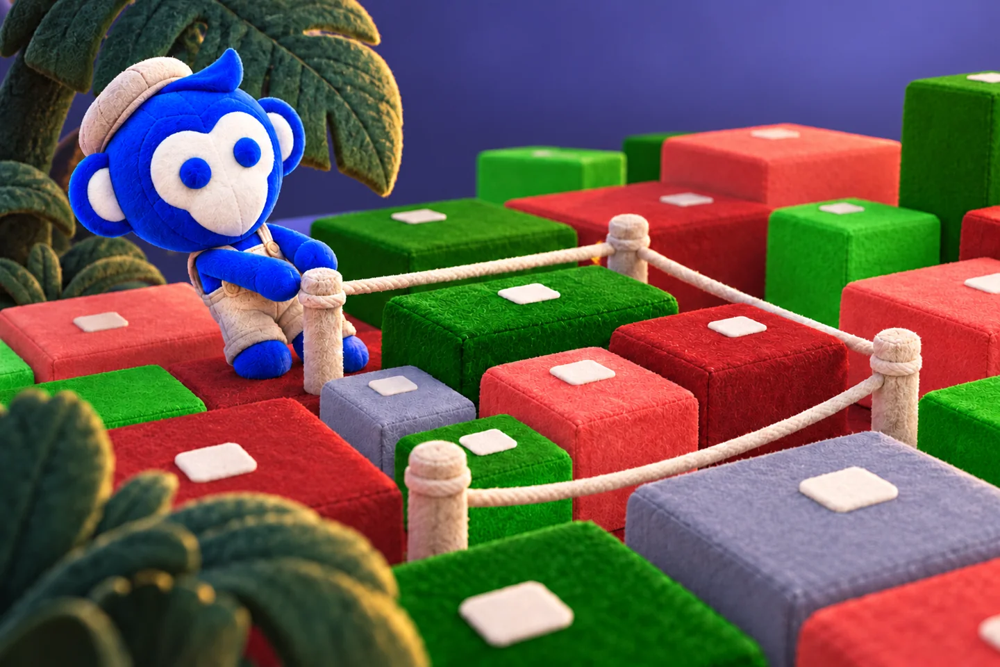 Plush Ape Pin fencing off a personal corner of colourful stock market blocks