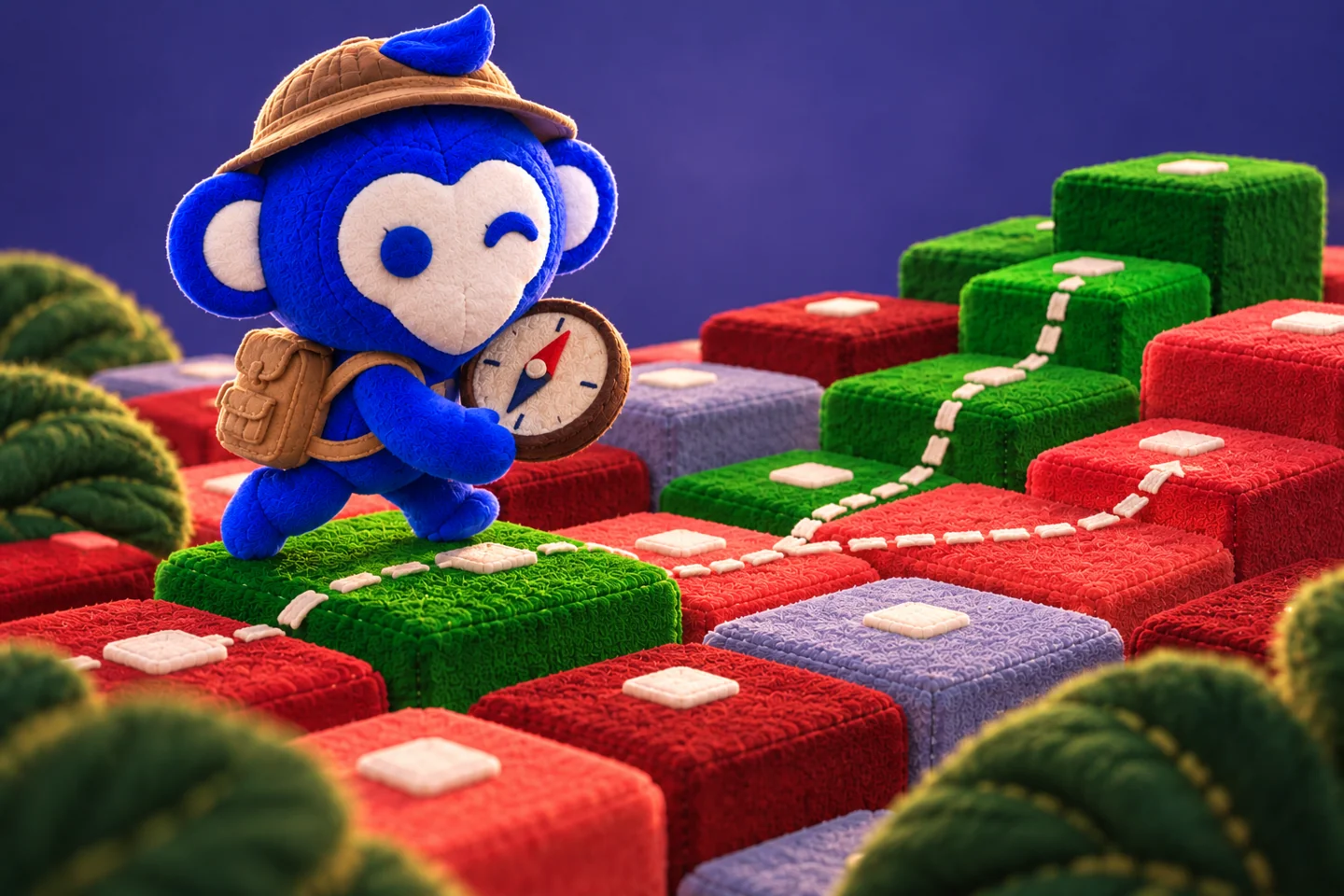 Plush Ape Pin with a compass exploring a stitched trail across colourful market blocks